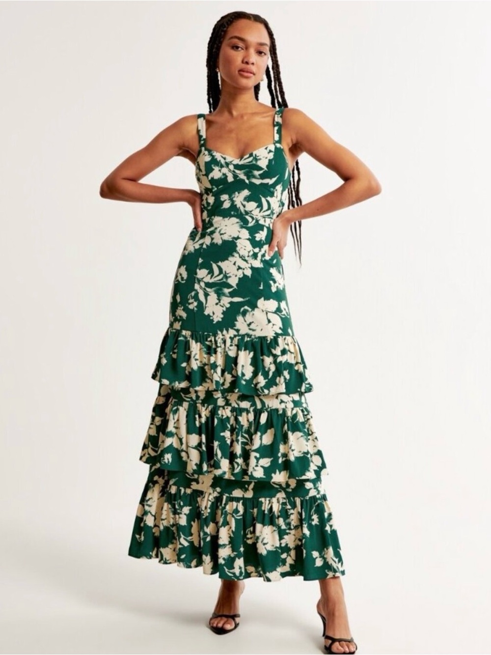 Abercrombie & Fitch Green and Cream Floral Tiered Maxi Dress